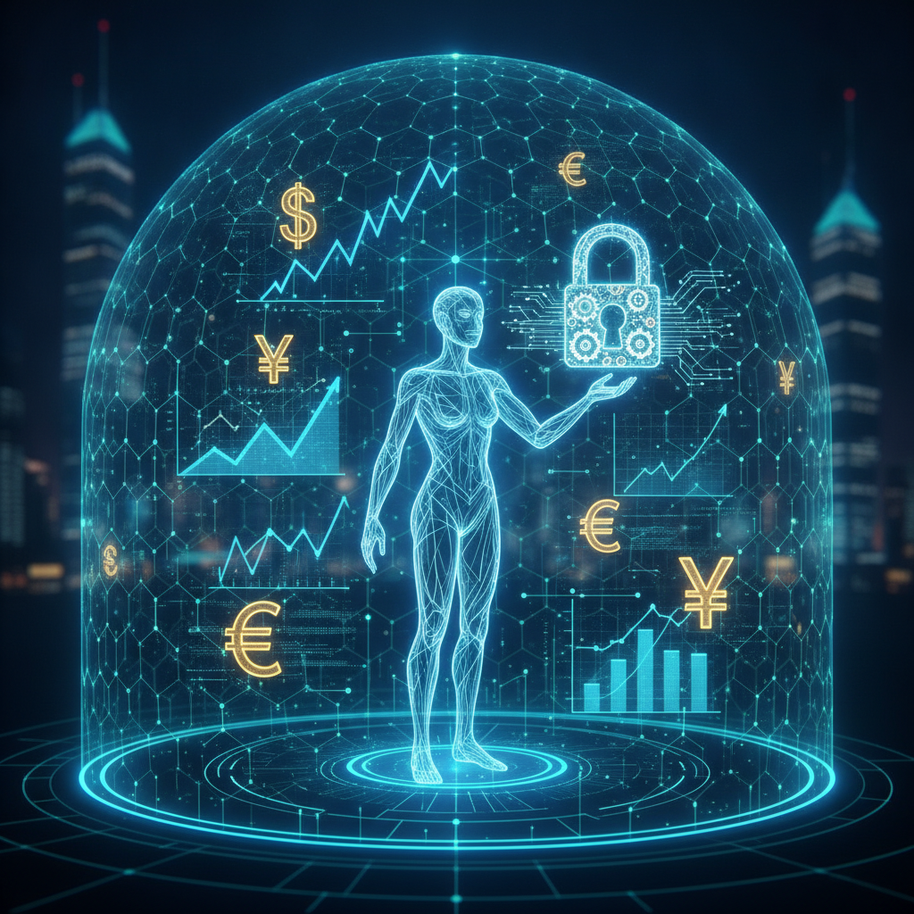 A futuristic digital art illustration depicting a robust and secure blockchain network. Interconnect