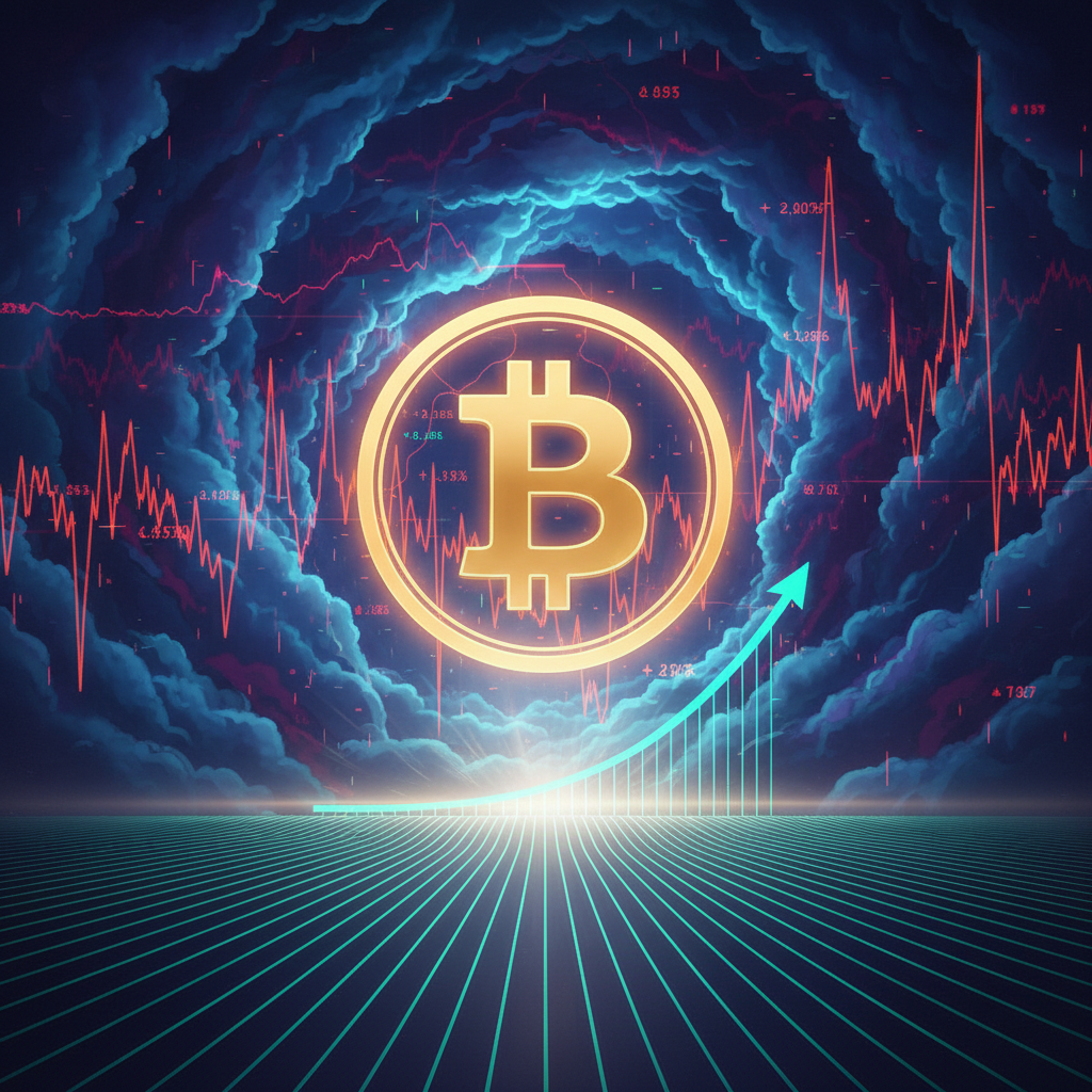 A stylized, glowing Bitcoin symbol (abstract 'B' or digital coin) is depicted in the center, appeari