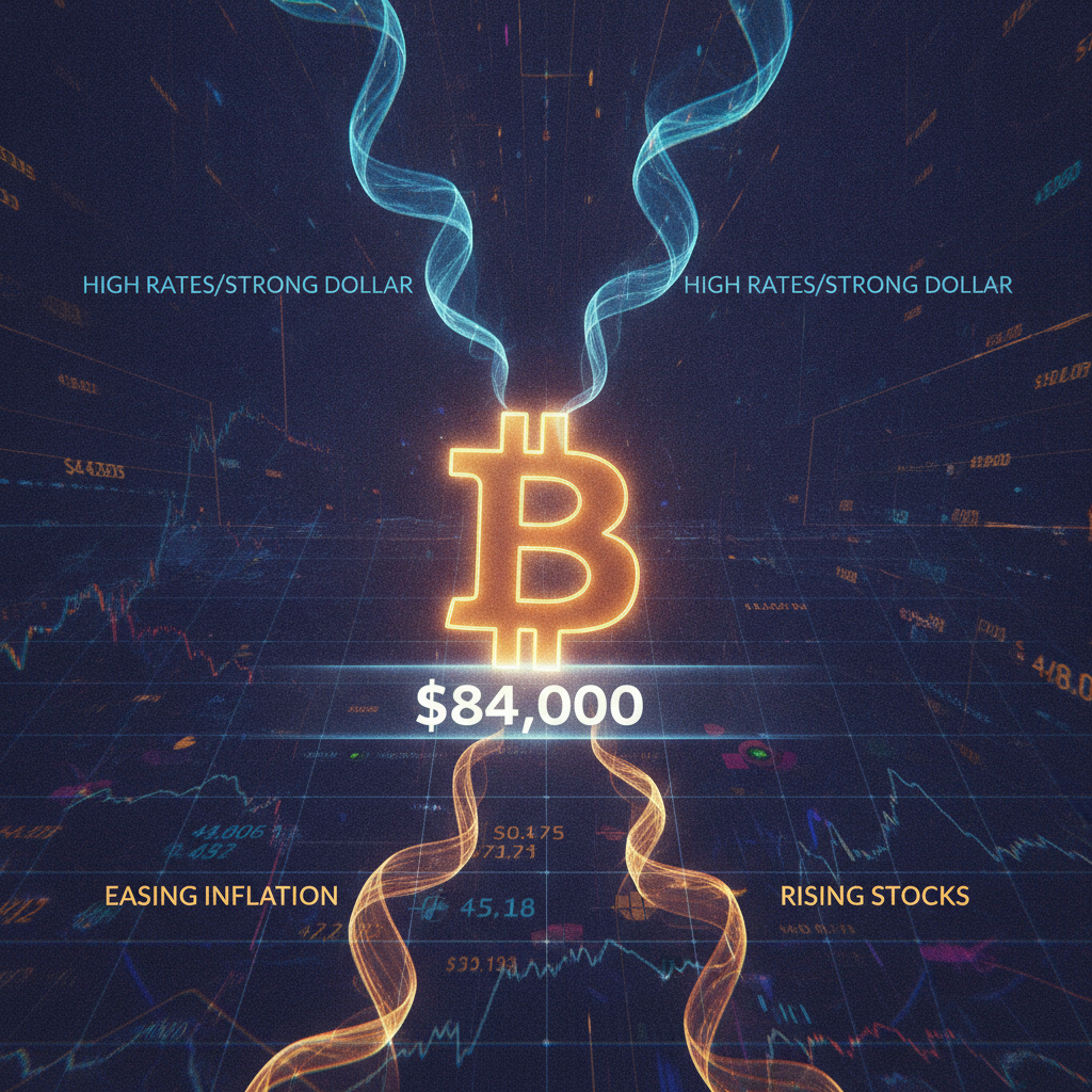 A dynamic, conceptual image representing Bitcoin's struggle around the $84,000 mark. A large, glowin