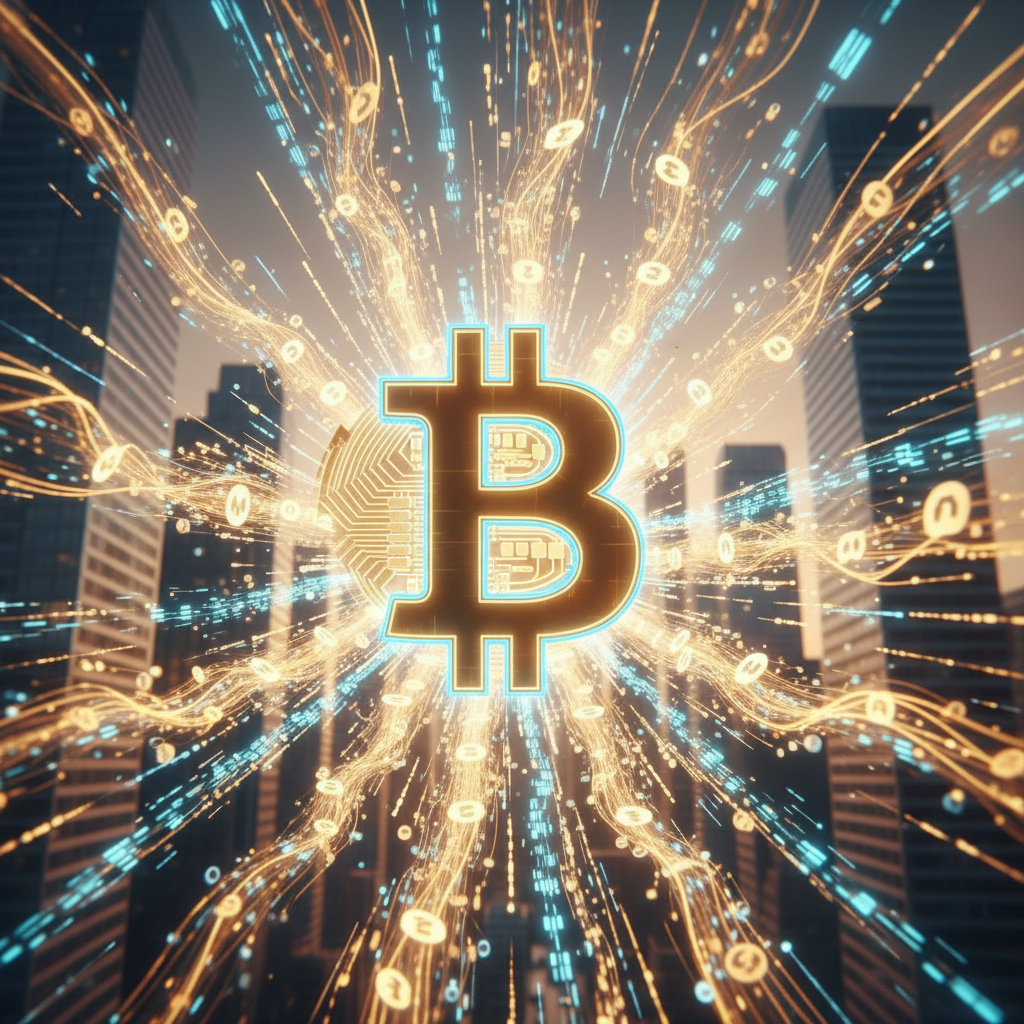 A prominent, radiant Bitcoin symbol (B) positioned centrally, acting as a strong anchor. Around it, 