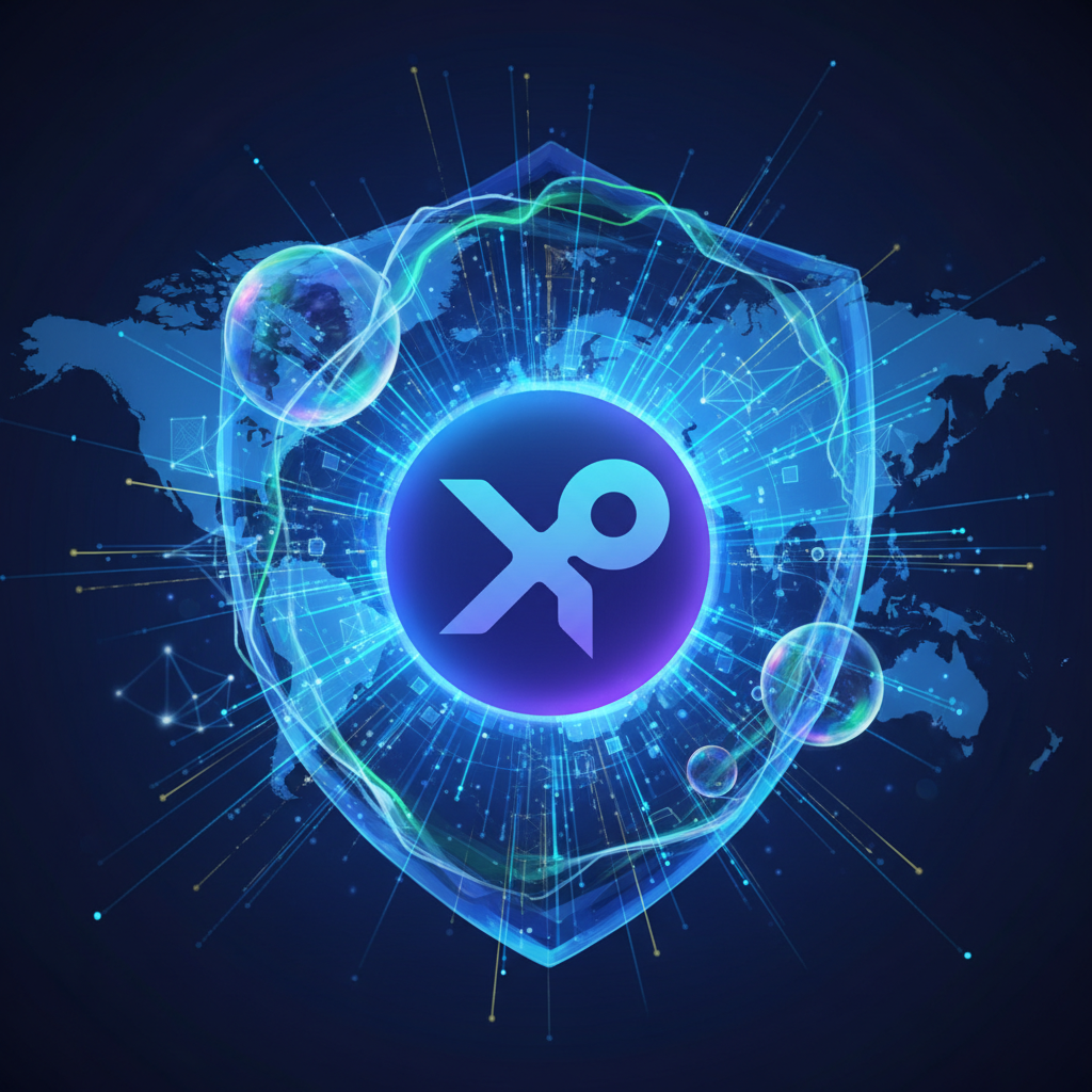 A futuristic and high-tech illustration centered around a glowing XRP logo. Surrounding it are subtl