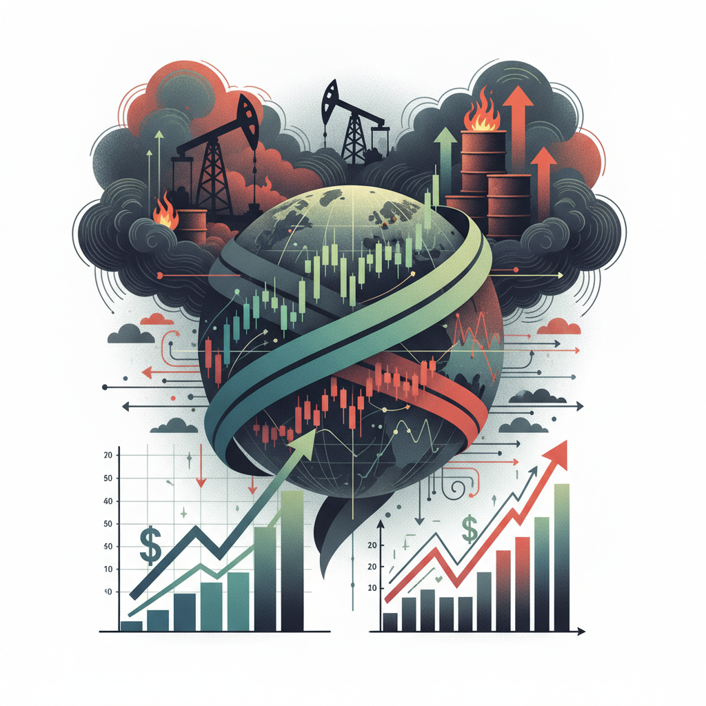 A visually complex and interconnected representation of global macroeconomic forces. In the foregrou