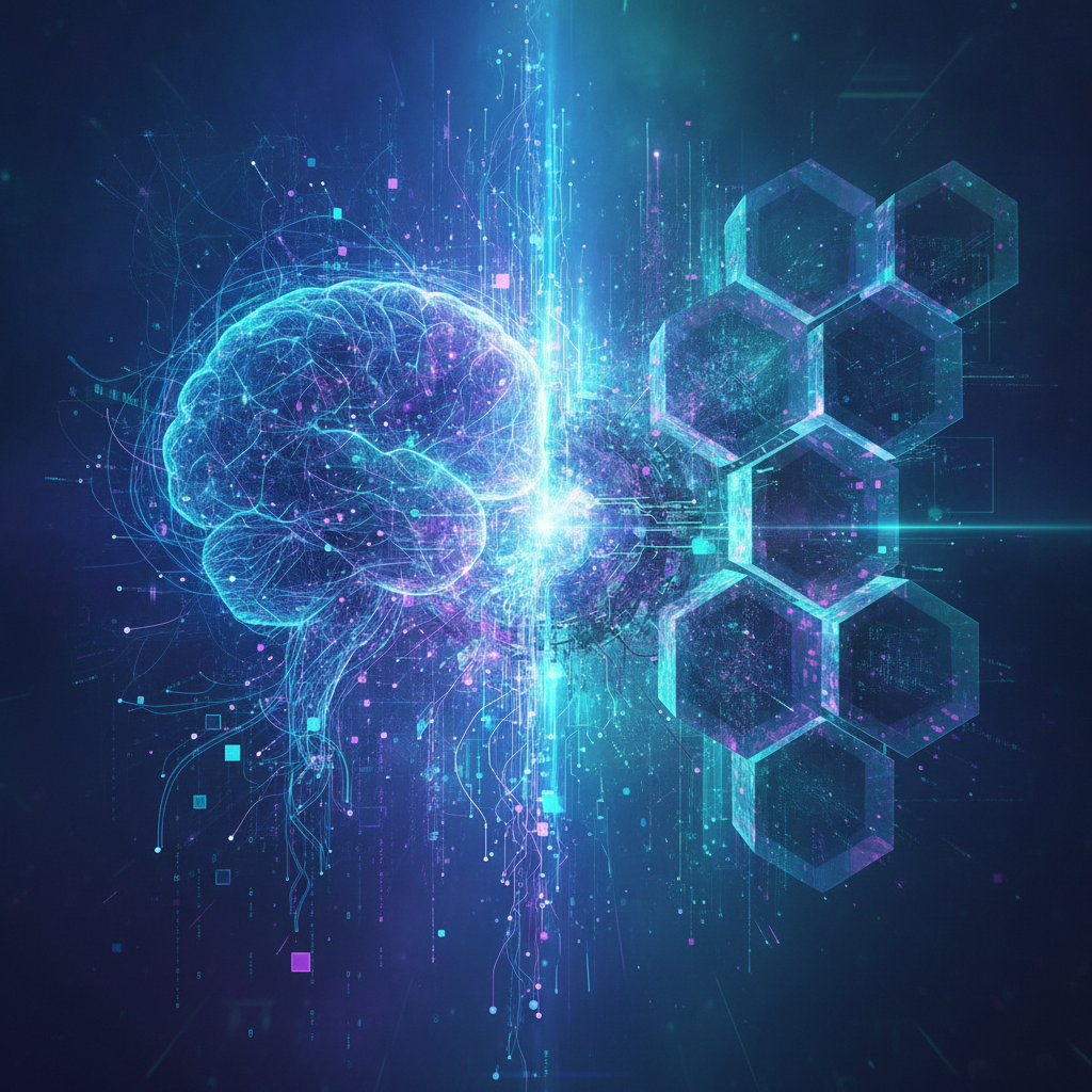 An intricate, futuristic digital artwork depicting the powerful synergy between Artificial Intellige