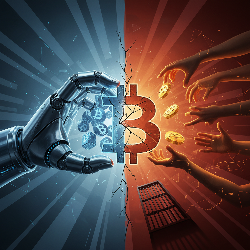A conceptual digital illustration depicting the polarization in the Bitcoin market. The image is spl