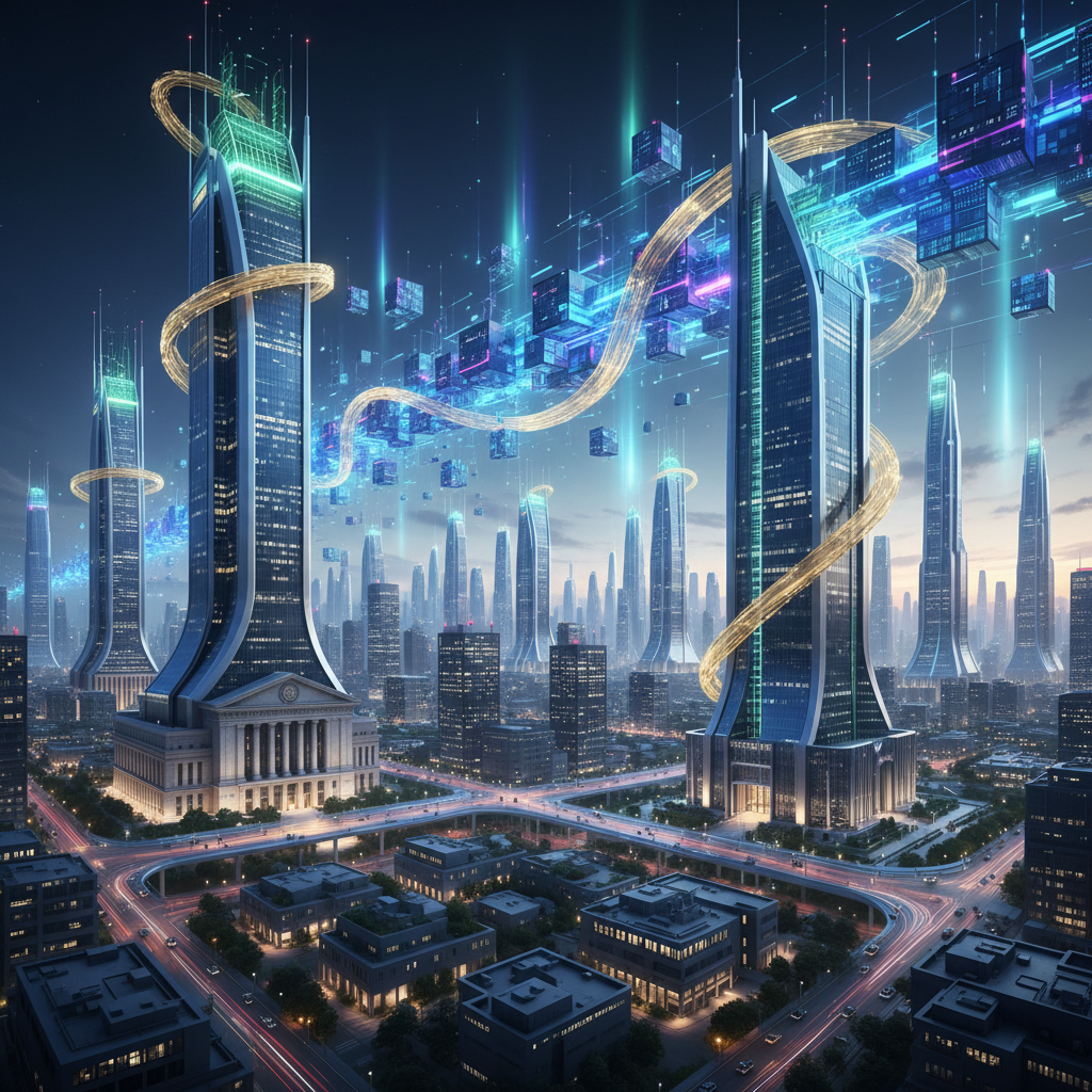 A grand, futuristic cityscape where iconic traditional financial buildings (like modern banks or sto