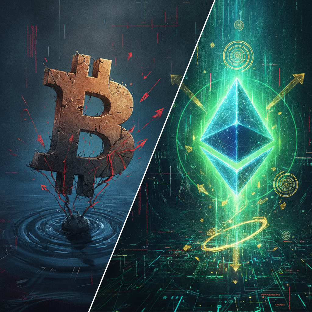 A powerful, symbolic illustration depicting the contrasting fortunes of Bitcoin and Ethereum. On one