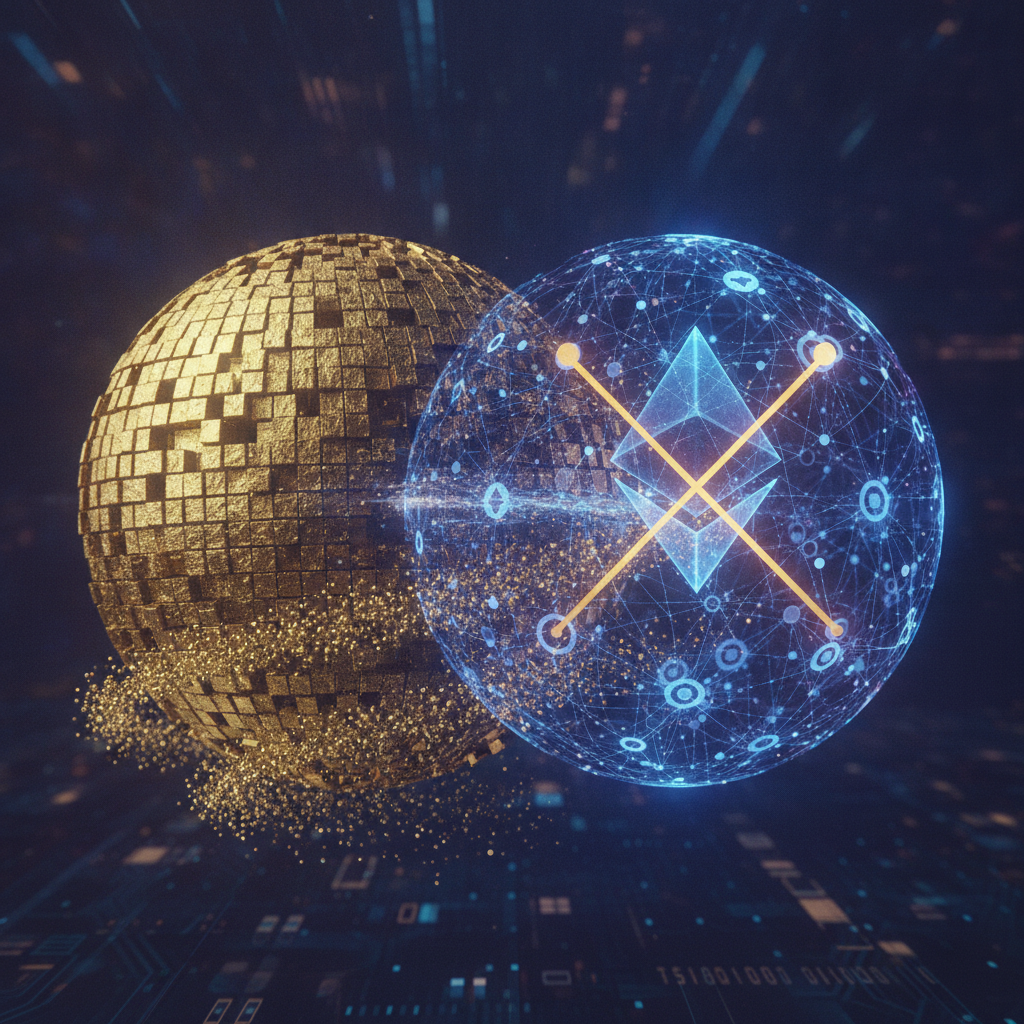 Two distinct but harmoniously integrated conceptual spheres representing Bitcoin and Ethereum. The '