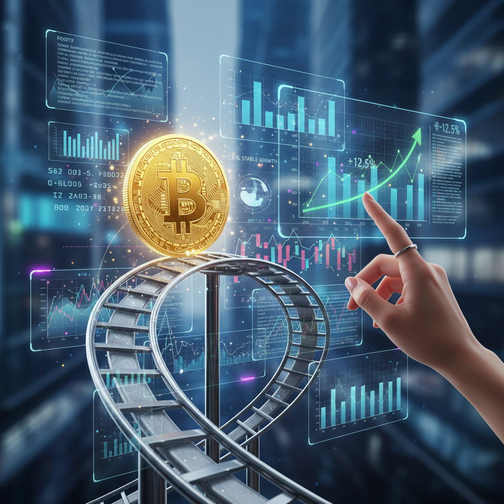 A stylized, glowing Bitcoin coin dramatically positioned on a rollercoaster track, capturing a momen