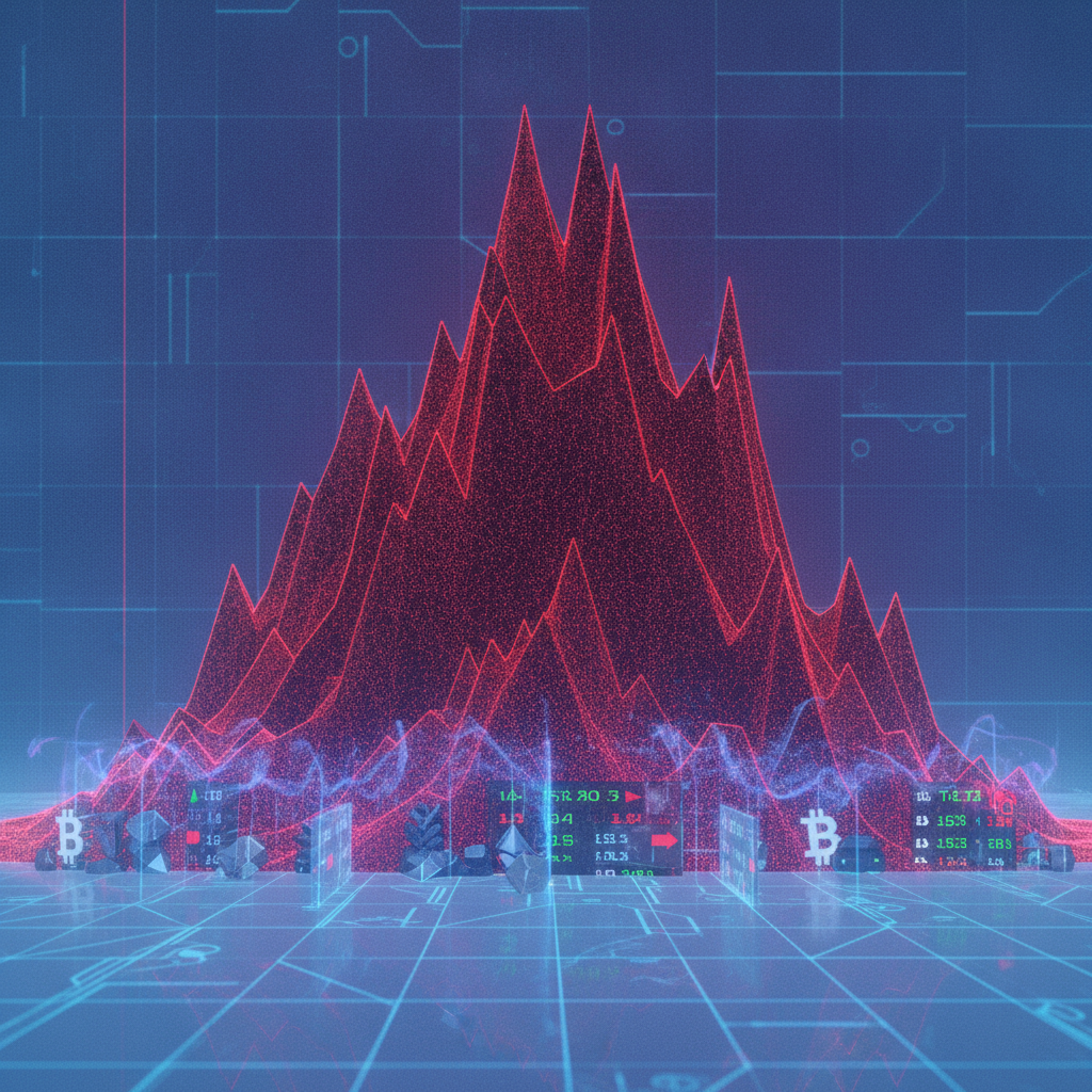 An imposing, digital-style visualization where a towering red line graph, symbolizing high interest 