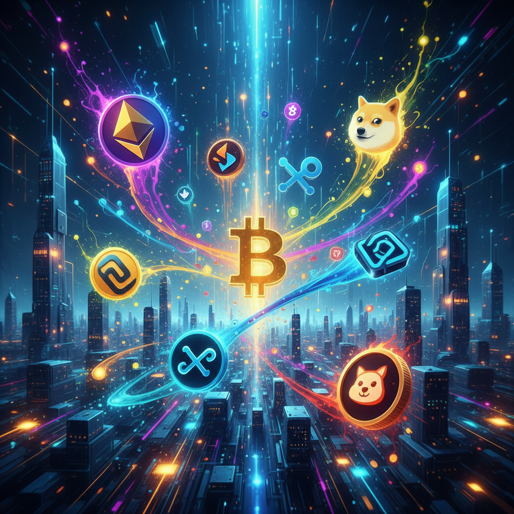 A dynamic and energetic scene depicting the surge of various altcoins. Prominent, glowing, stylized 