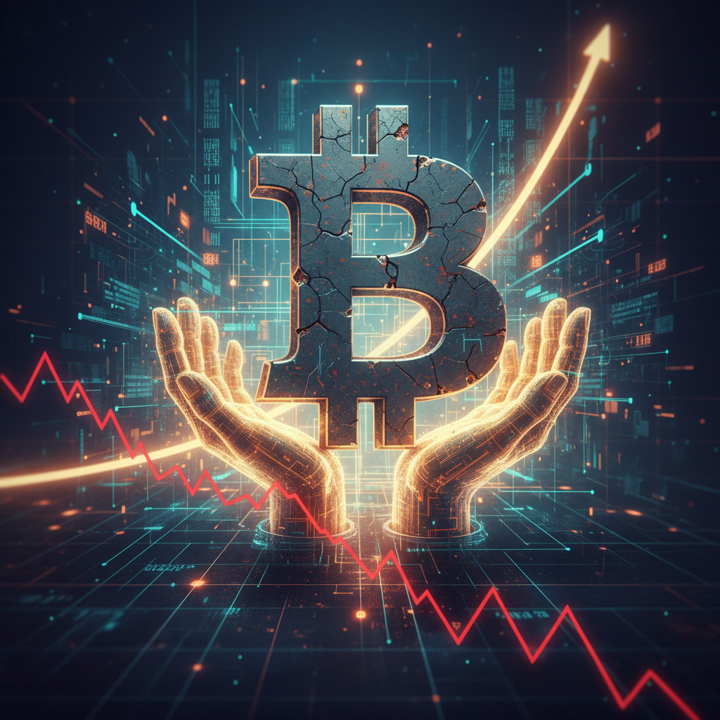 A powerful and symbolic digital illustration depicting a large, stylized Bitcoin icon. It appears sl