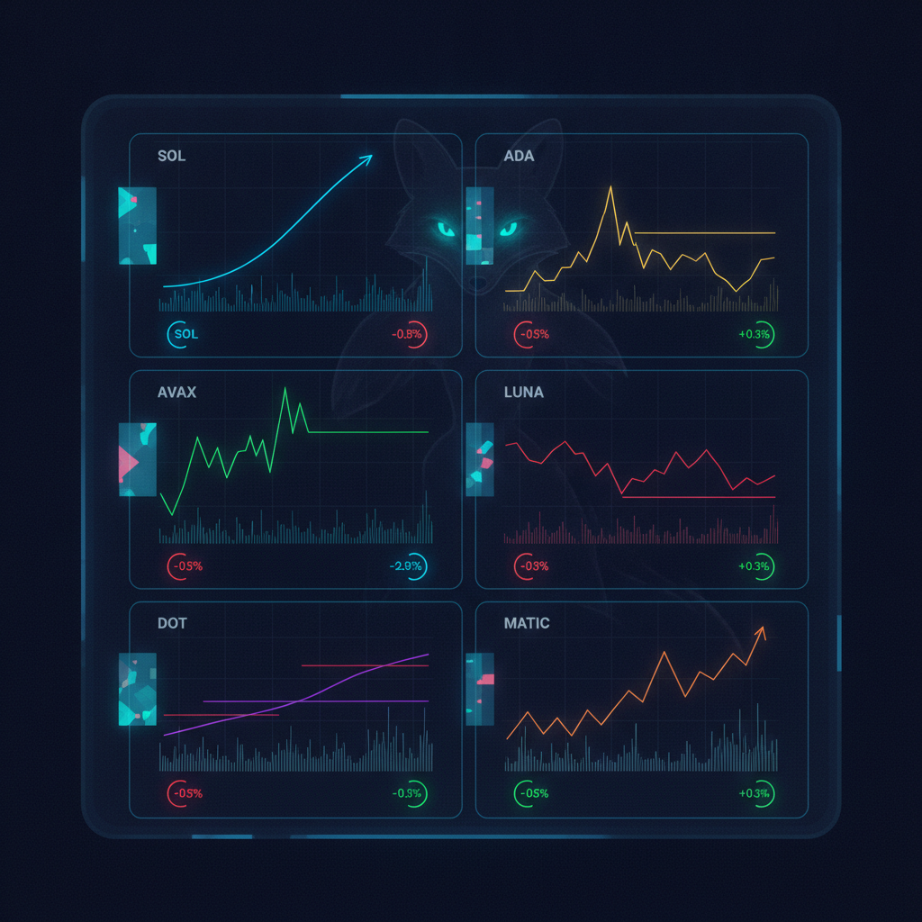 A sophisticated, high-tech interface displaying several distinct cryptocurrency charts side-by-side,
