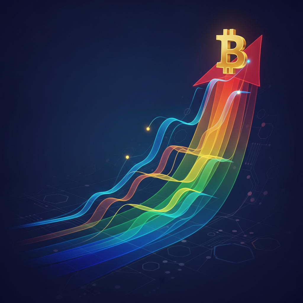 A dynamic and abstract visualization representing Bitcoin's price movement. A stylized, glowing Bitc