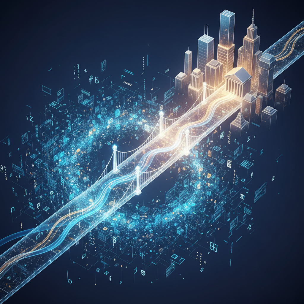 An abstract digital illustration depicting regulatory clarity in the blockchain space. A stylized, i