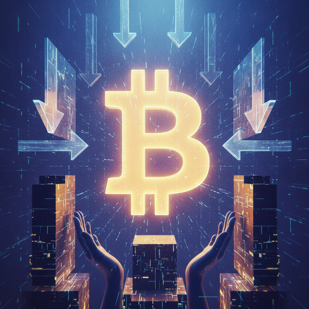 A large, glowing, stylized Bitcoin symbol is at the center of a dynamic, conceptual digital artwork.