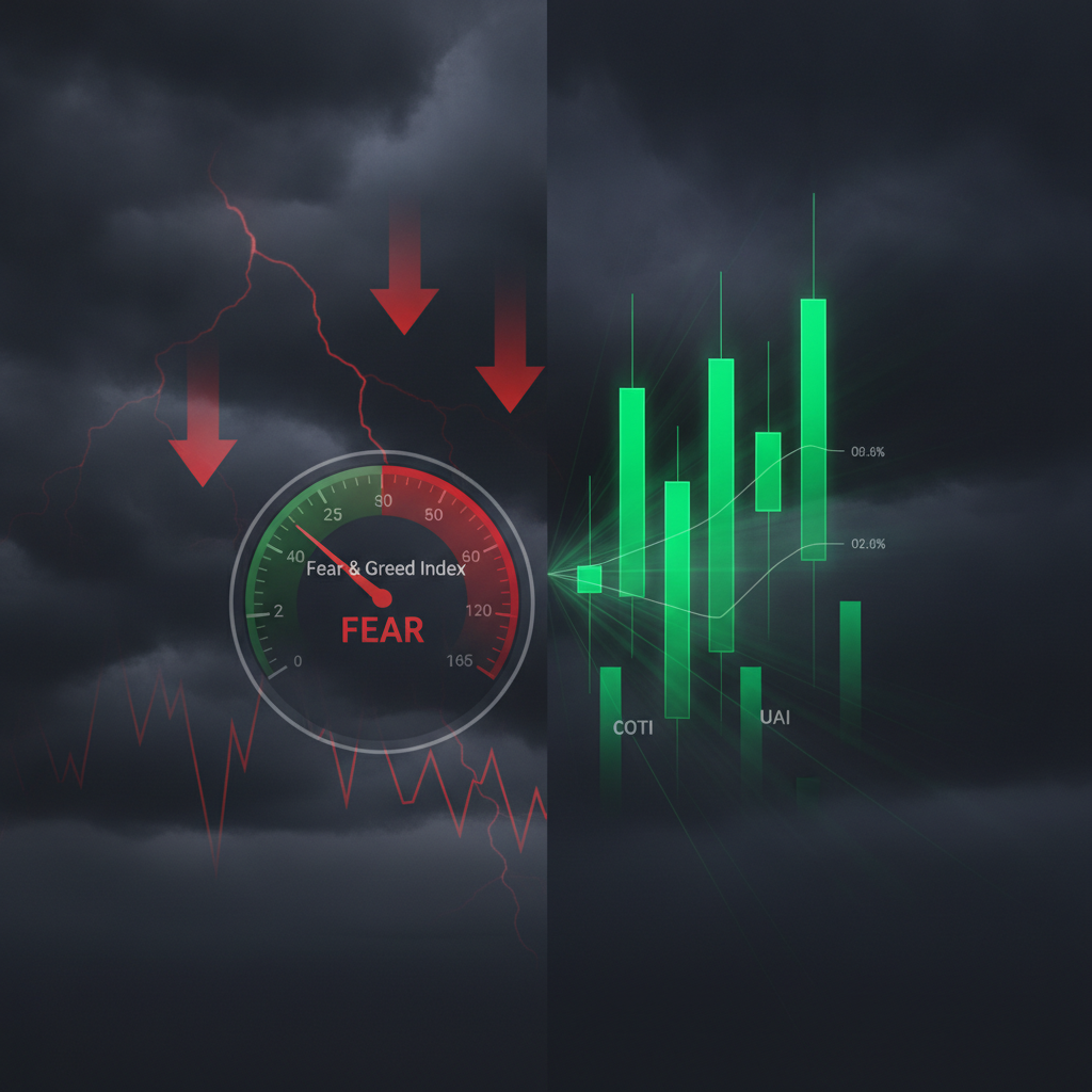 A powerful visual juxtaposition: on the left, a turbulent, dark sky with heavy storm clouds and down