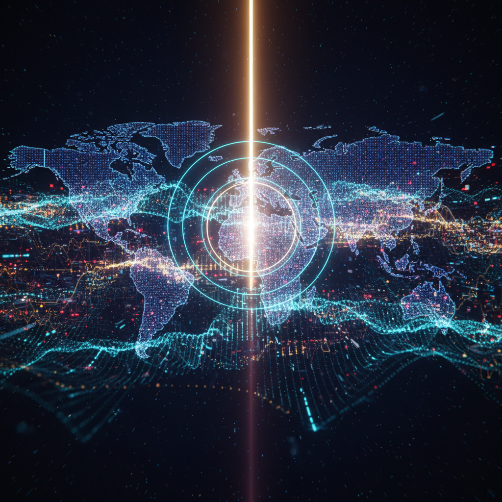An abstract, high-tech representation of global financial markets. Dynamic, digital wave patterns ma