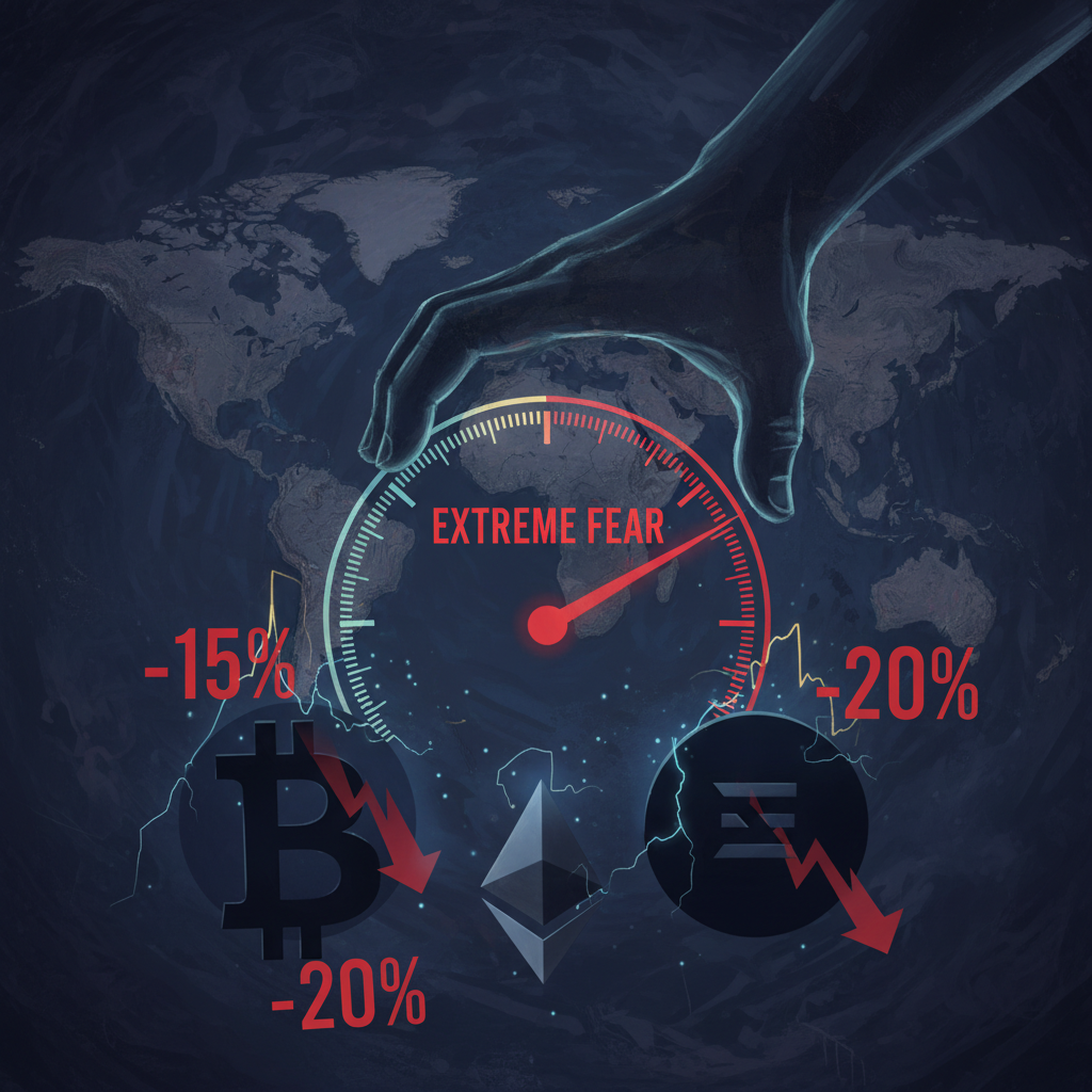 A visually striking image depicting global financial market uncertainty and cryptocurrency fear. In 