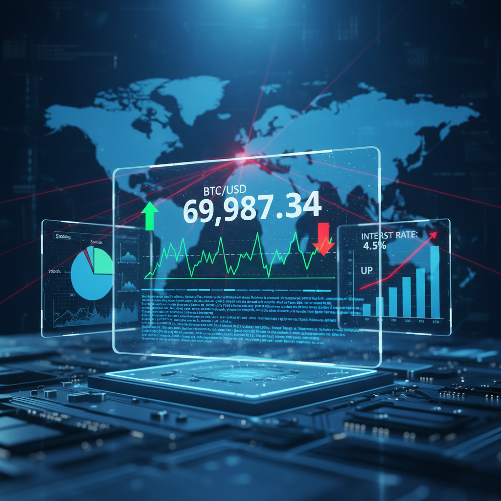 A sophisticated, futuristic financial dashboard. The foreground features multiple holographic screen