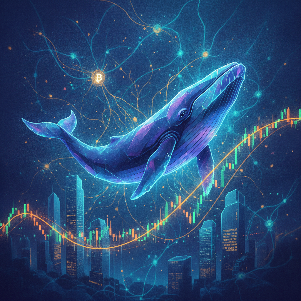 Abstract digital art illustration depicting a large, majestic digital whale, symbolizing major inves