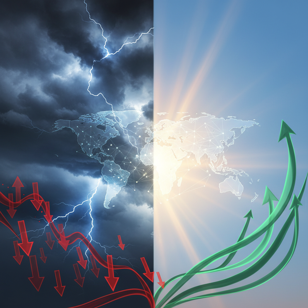 A conceptual and dramatic image depicting the financial market's response to geopolitical events. Th