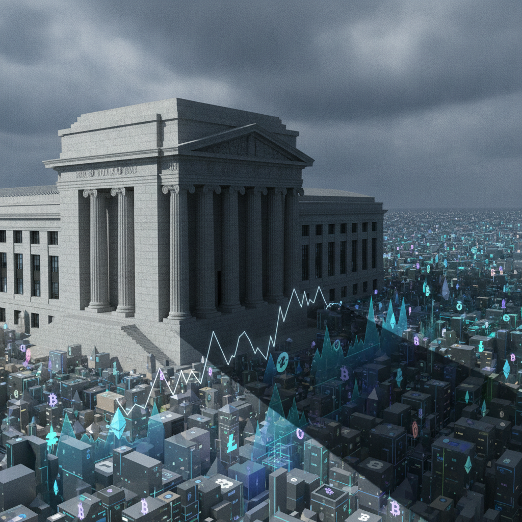 A powerful visual metaphor depicting a large, imposing central bank building (resembling the Federal