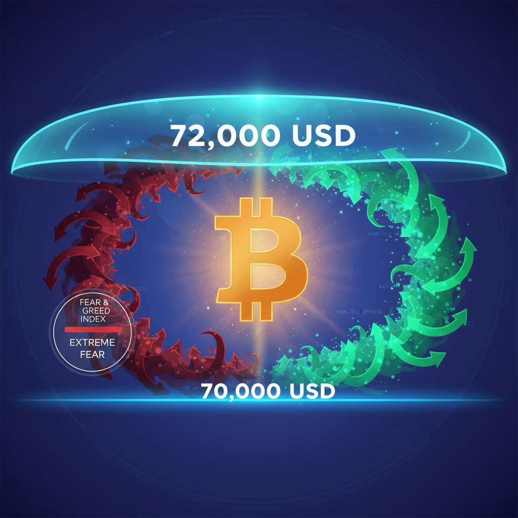 A dynamic and abstract illustration focusing on Bitcoin's market position. A large, stylized, glowin