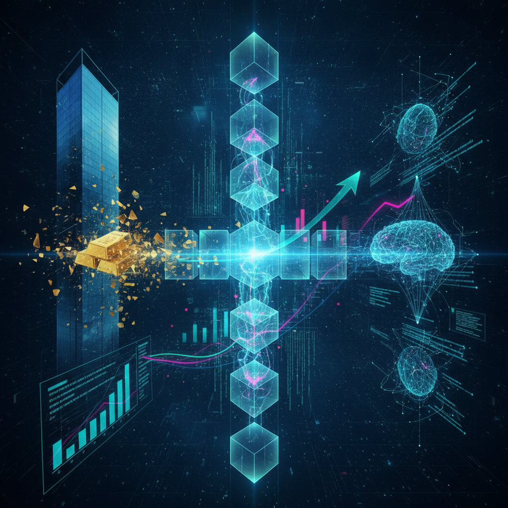A powerful, futuristic visual representing the convergence of Real World Assets (RWA) and Artificial
