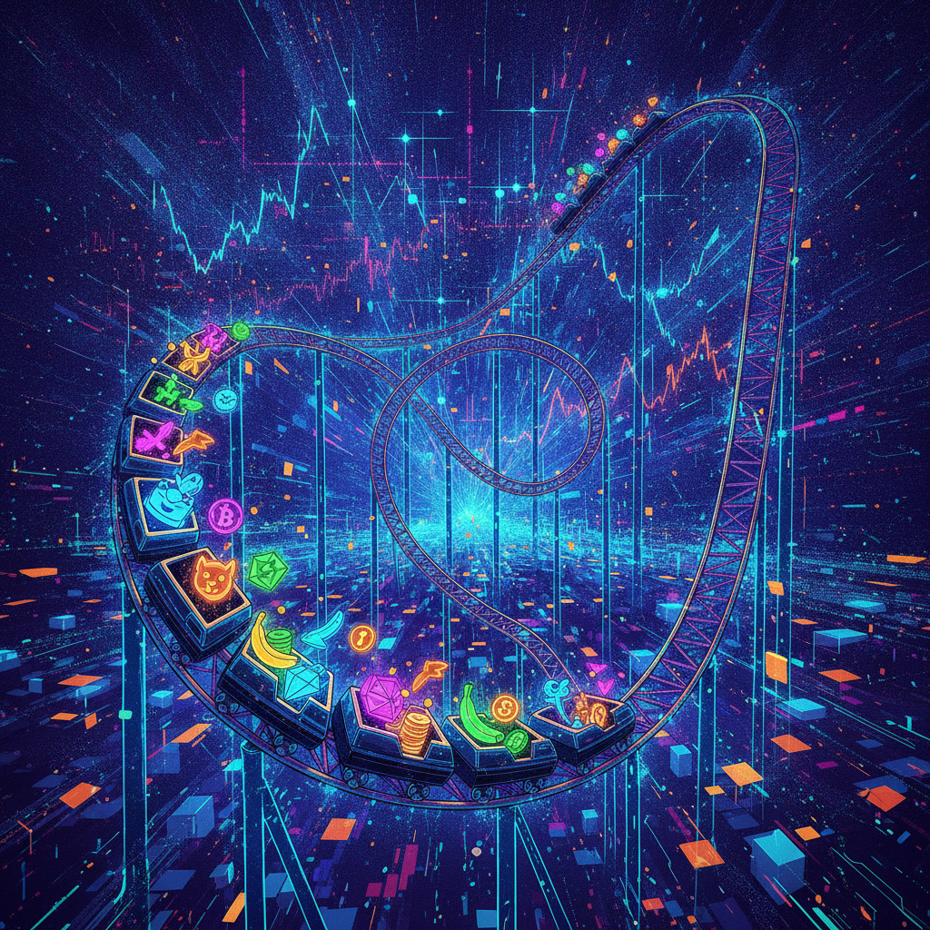 A dynamic and chaotic scene depicting a thrilling rollercoaster track winding through a vibrant, abs