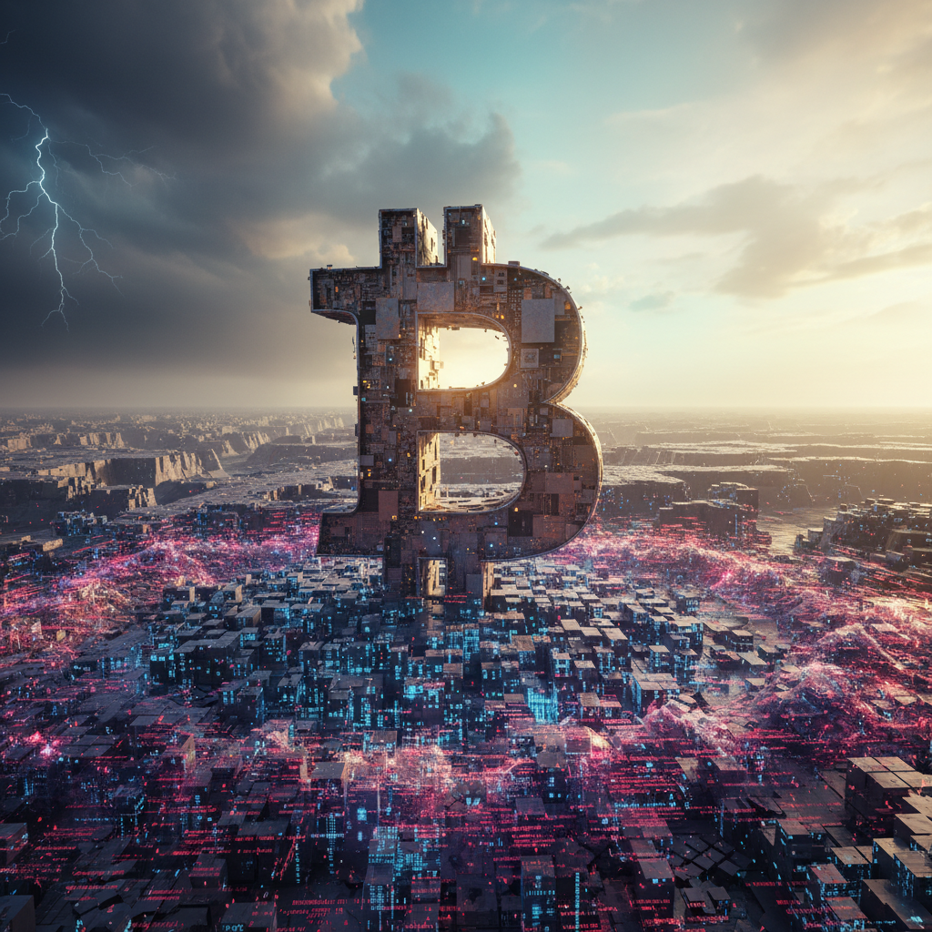 A colossal, weathered yet resilient Bitcoin symbol stands majestically on a solid, intricate foundat