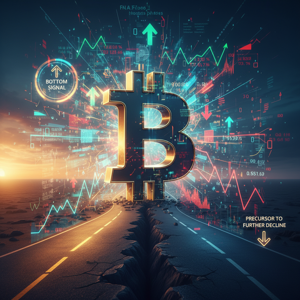 A striking conceptual image of a large, stylized Bitcoin symbol positioned at a significant crossroa
