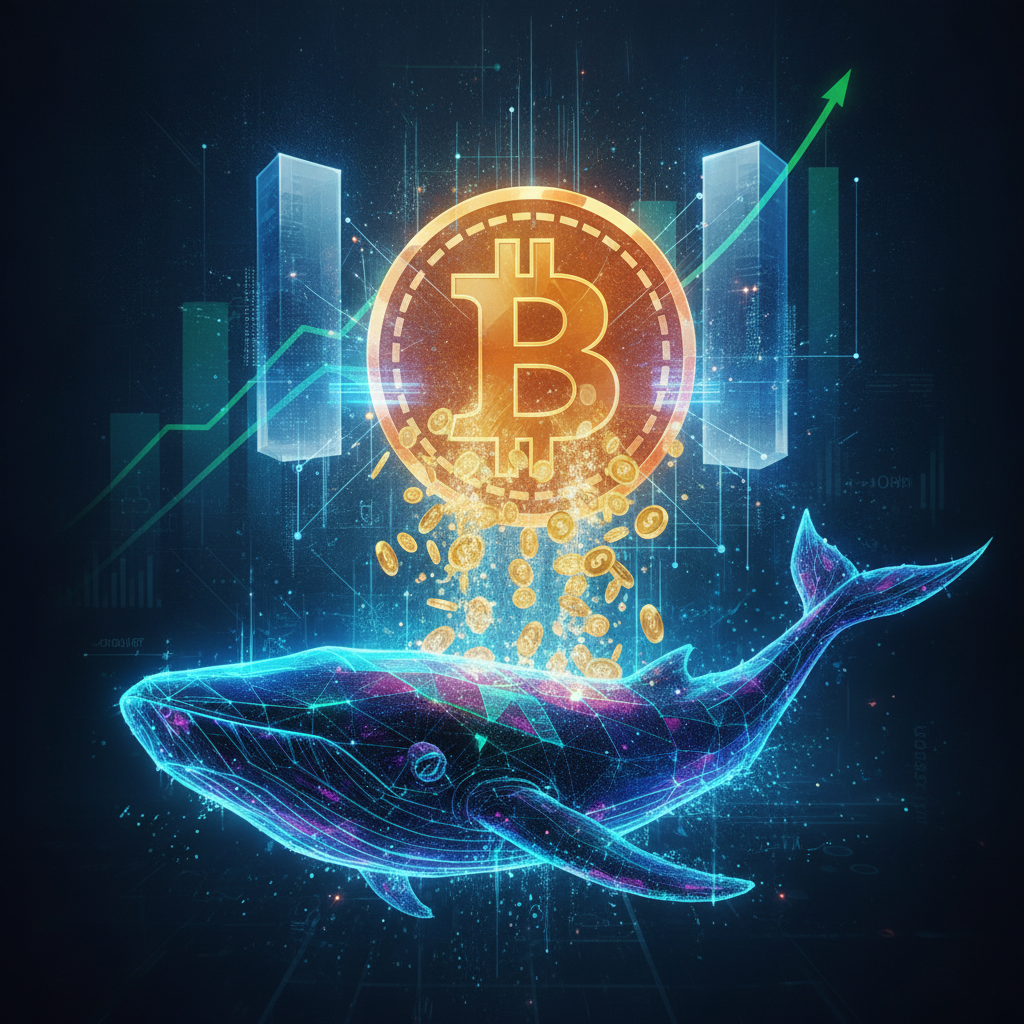A conceptual image illustrating institutional investment and 'whale' activity in Bitcoin. A large, s