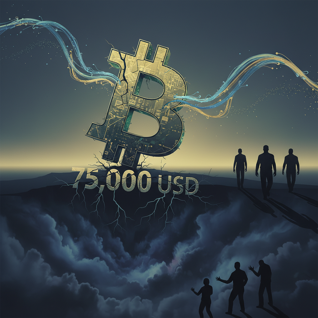 A visually striking conceptual image depicting the critical state of Bitcoin. A large, stylized Bitc