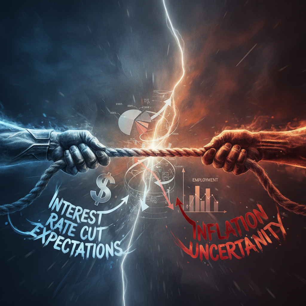 A dramatic visual representation of a tug-of-war between two opposing forces in the global economy. 