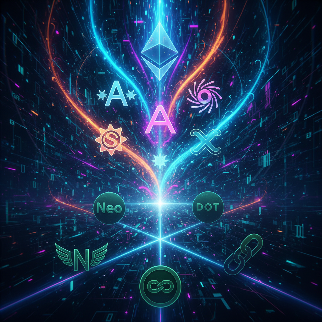 A dynamic and complex composition featuring various stylized, abstract altcoin symbols (e.g., repres