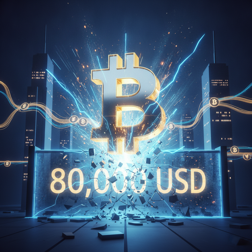 A powerful digital illustration depicting a stylized, gleaming Bitcoin symbol dramatically breaking 