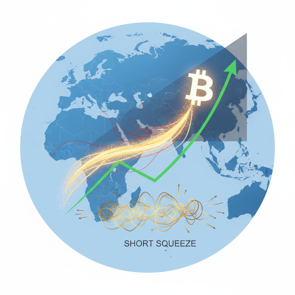 A striking visual metaphor for geopolitical influence on cryptocurrency markets. A stylized world ma