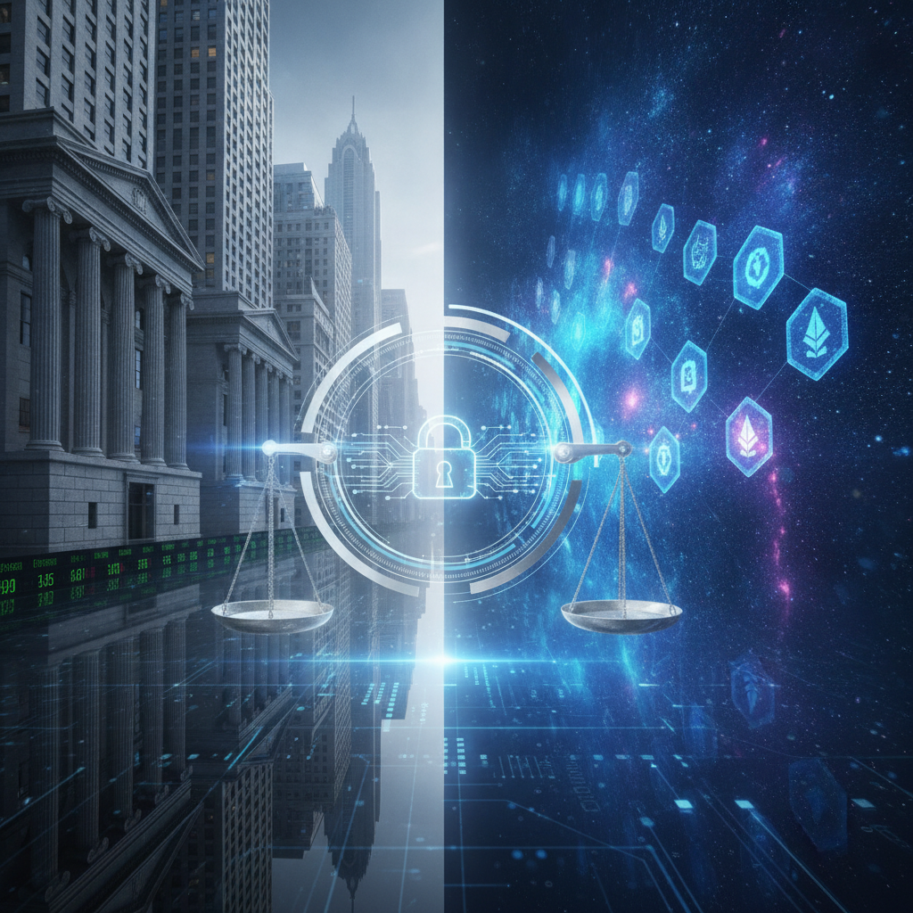 A symbolic image illustrating the merging of traditional finance and the cryptocurrency world under 