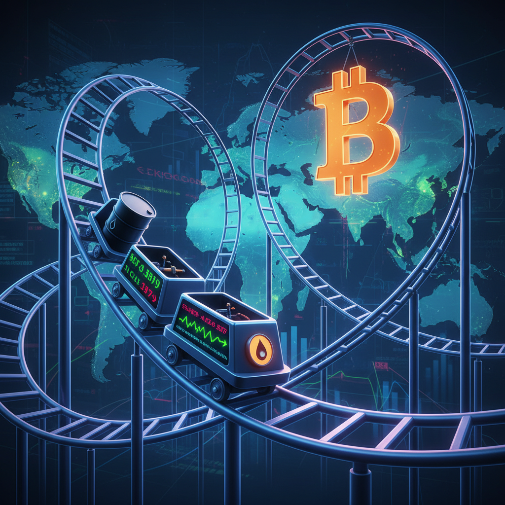 A dynamic, high-energy scene depicting a conceptual rollercoaster track. Along the track, stylized c