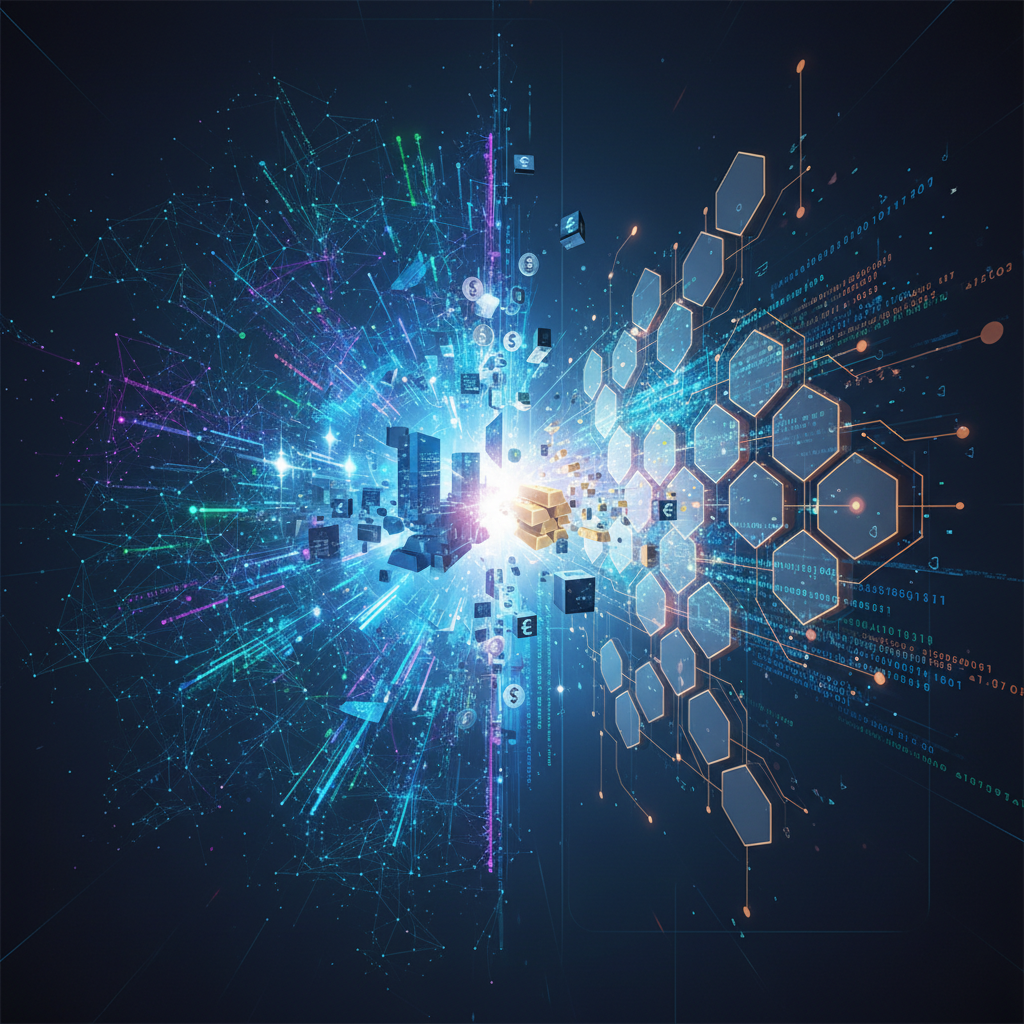 A visually stunning representation of artificial intelligence and blockchain technology intertwining