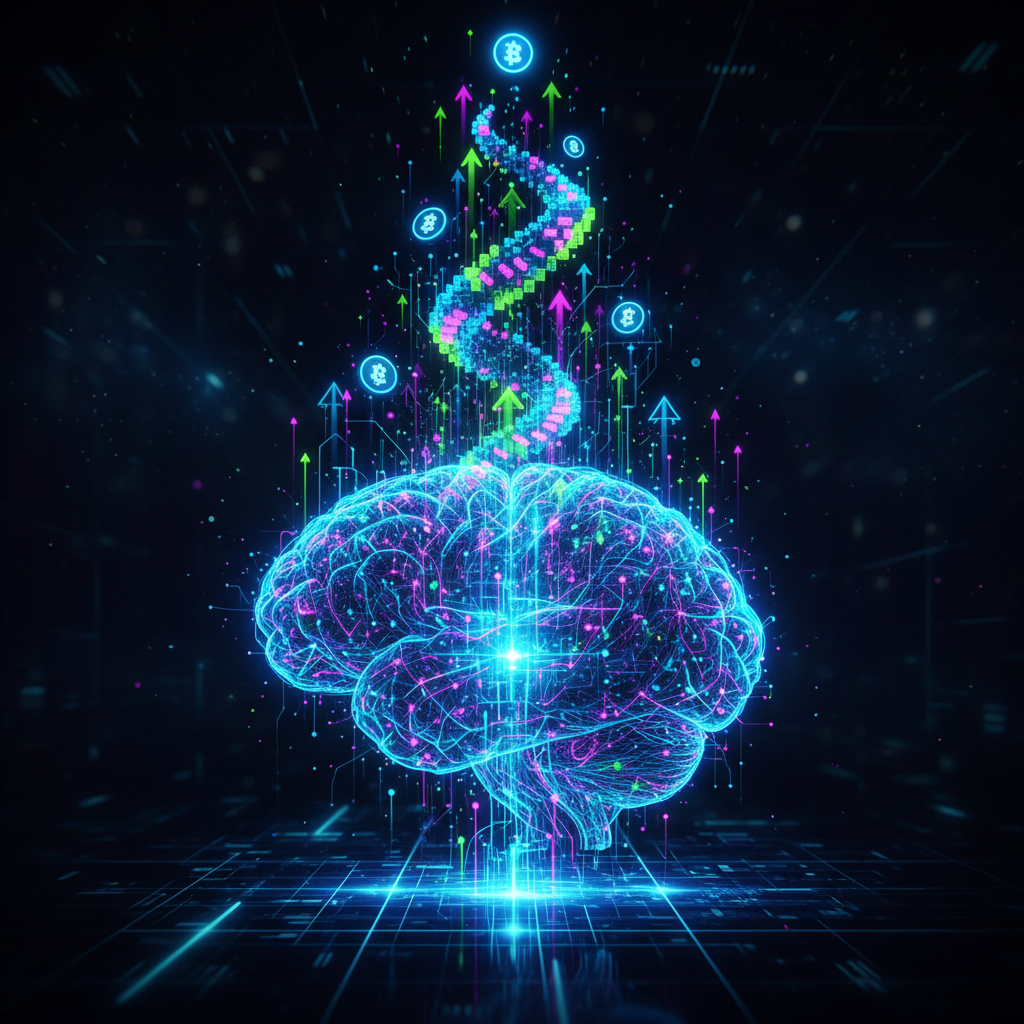 A futuristic, high-tech visualization depicting the powerful synergy and rapid growth of AI-themed a