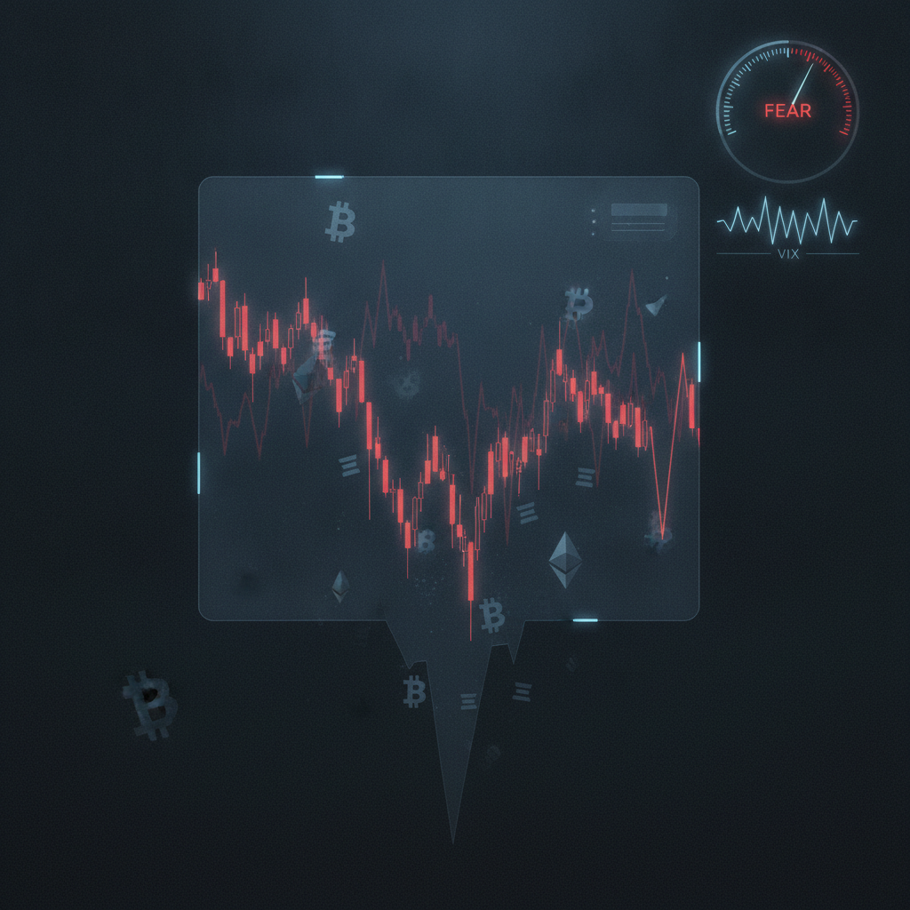 A digital, abstract representation of a bearish cryptocurrency market sentiment. Dark, somber tones 