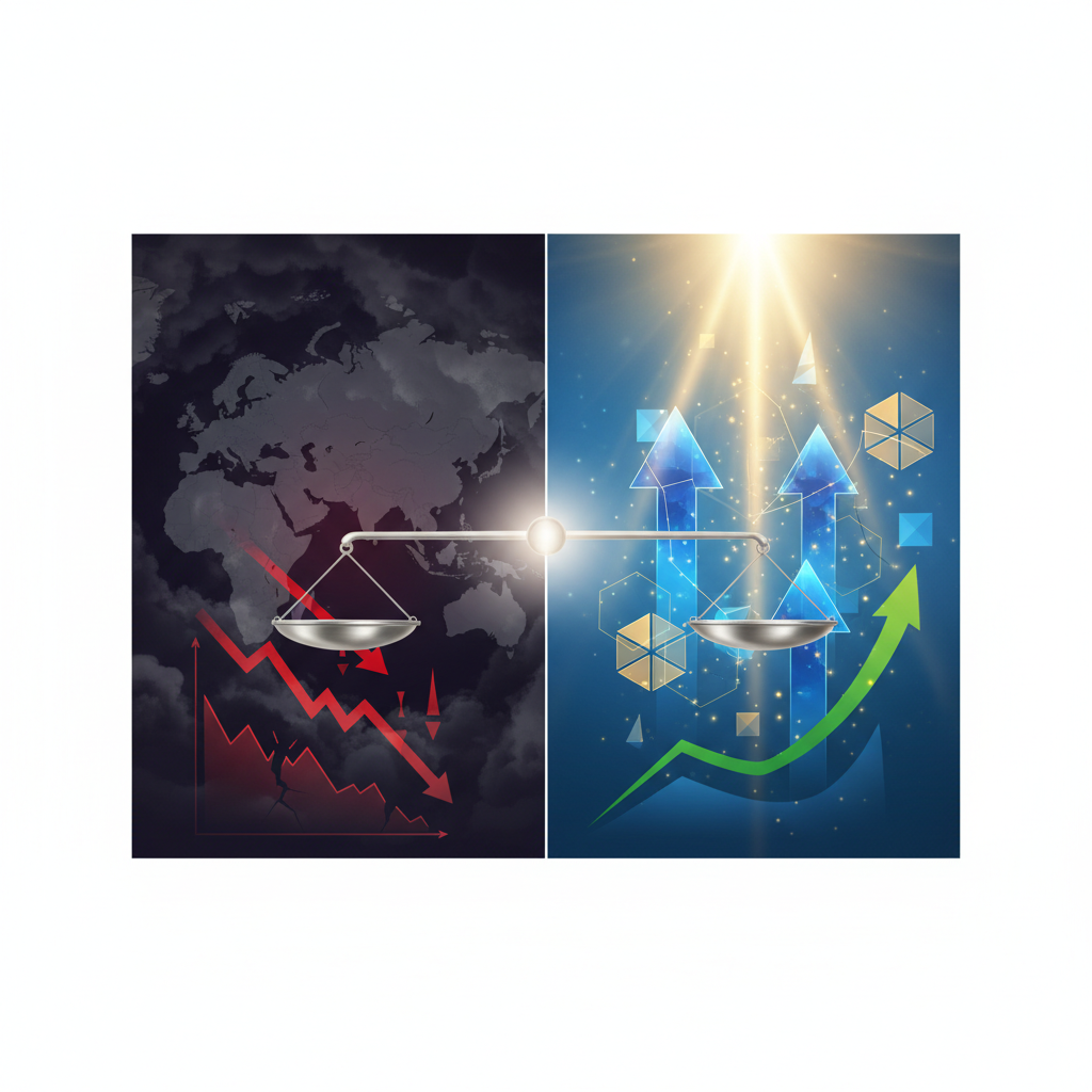 A compelling visual illustrating the dichotomy of global macroeconomic pressures and emerging hope w