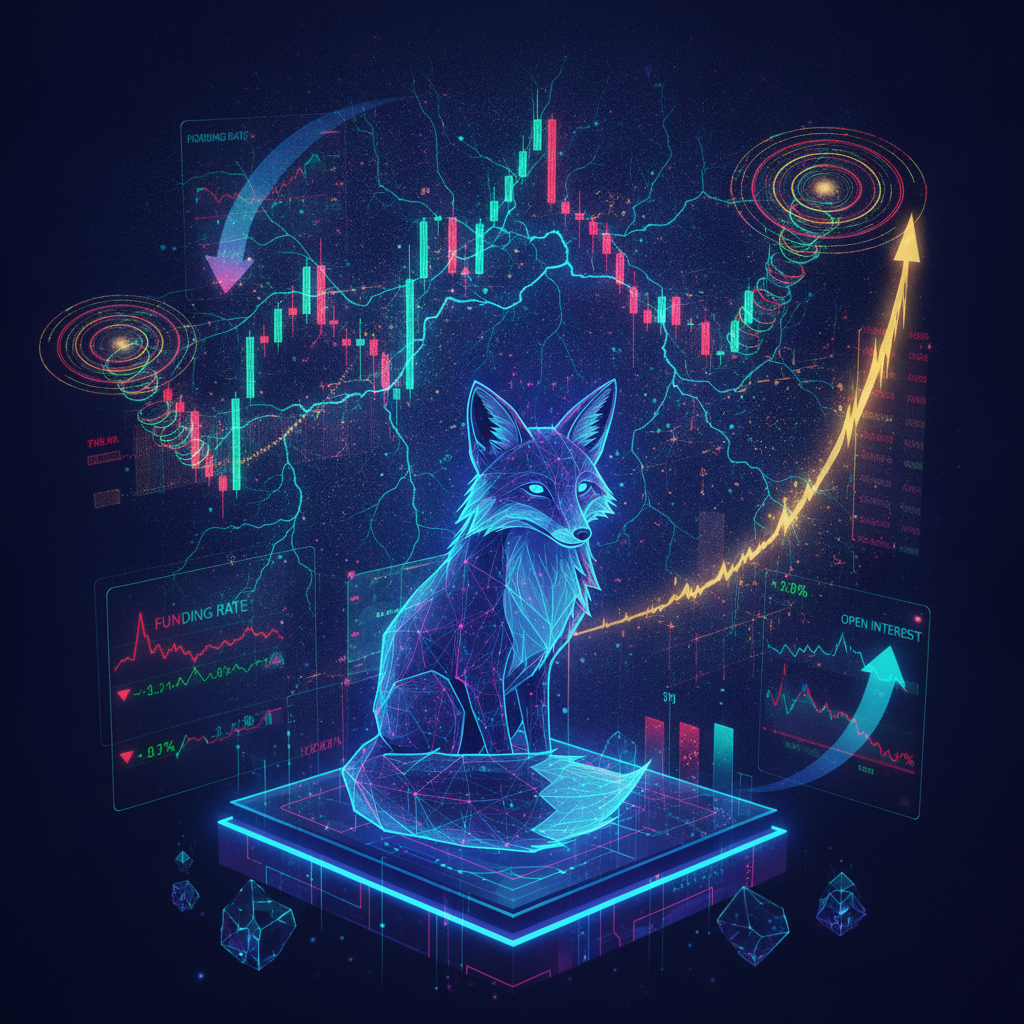 A watchful, stylized digital fox observing a highly volatile cryptocurrency futures market, depicted