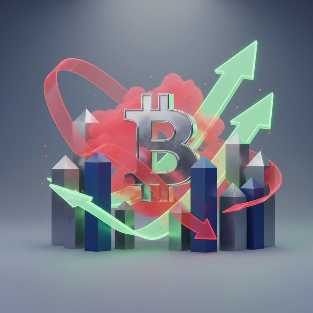 A stylized Bitcoin symbol (B) in the center, initially surrounded by translucent red downward-trendi