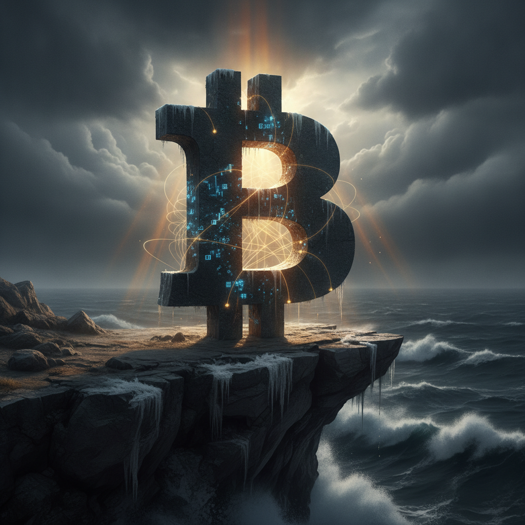 A colossal, ancient-looking Bitcoin symbol, weathered and powerful, stands on a precarious cliff edg