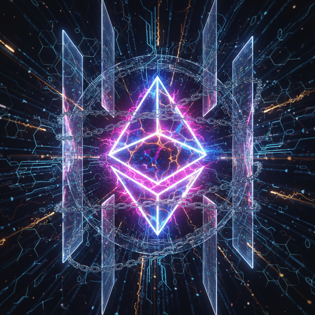 A vibrant, glowing Ethereum logo, depicted as a powerful core, pulsating with immense, contained ene