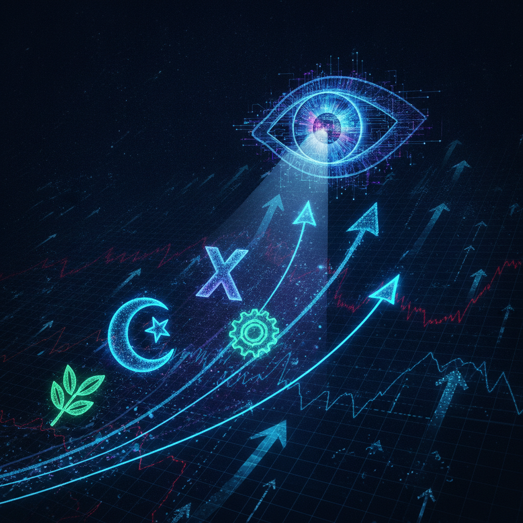 A dynamic digital illustration depicting several abstract, glowing cryptocurrency symbols (represent