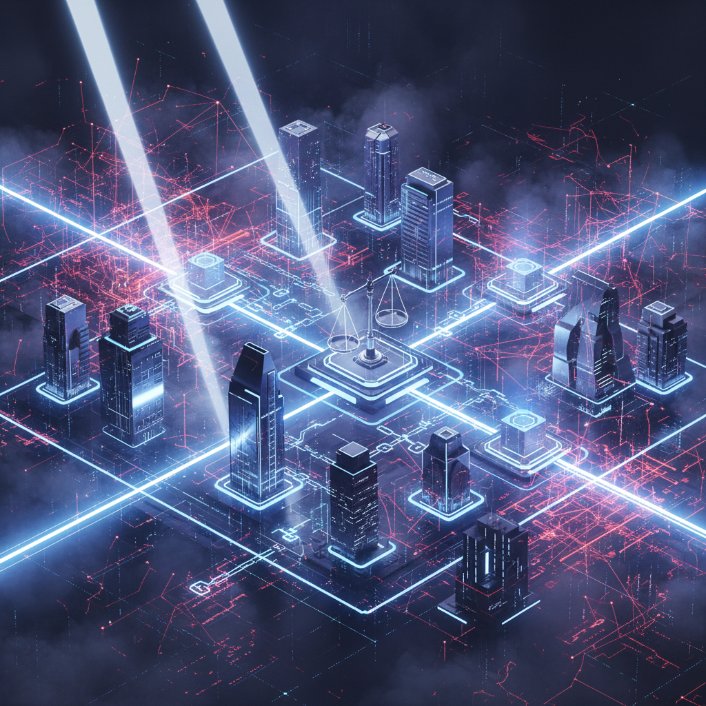An intricate, futuristic digital cityscape or network, symbolizing the global regulatory and institu