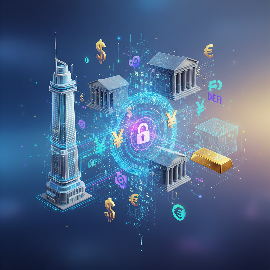 A futuristic and interconnected scene illustrating the convergence of DeFi, RWA, and traditional fin